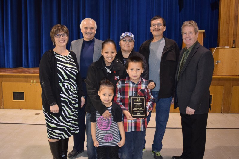 Several members of Dustin Gamble’s immediate family attended the assembly at the Victoria School last week when he was named the recipient of the school’s 2015 Student of Distinction award. With Dustin, and his sister, Nariko, from left were: Karie Thomas, principal; Bryan Cottenie, board member; Jessica Cote, Dustin’s mother; Priscilla Gamble, Dustin’s grandmother; Robert Tourangeau, Dustin’s grandfather, and Mark Forsythe, superintendent.