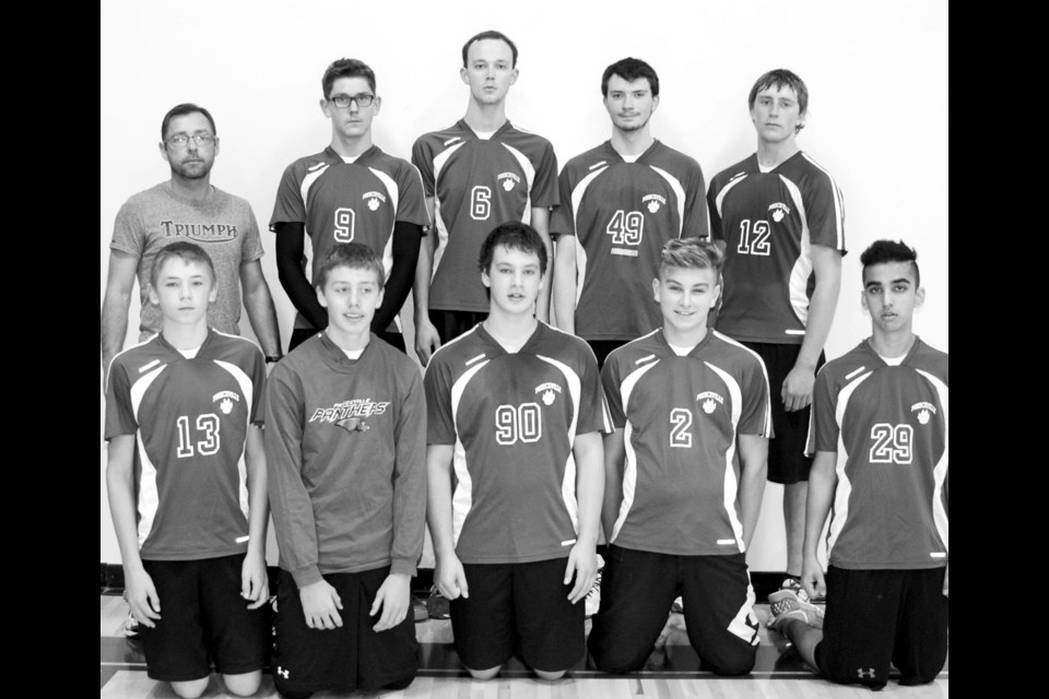 The Preeceville Panthers senior boys volleyball team which won the B side of their combined home tournament From left, were: (back row) Cary Franklin (coach), Austin Stinson, Josiah Sorgen, Nick Lingl and Shawn Pasiechnik; and (front) Jesse Antonichuk, Brandon Dyky, Braydon Walker, Hunter Chornomitz and Anish Sharma.