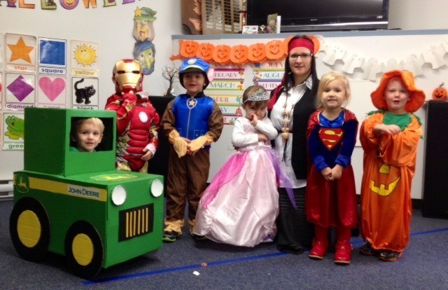 Erin Gregory is the new Sturgis Nursery School teacher and her three-year-old class dressed in assortment of costumes for their party on October 28.