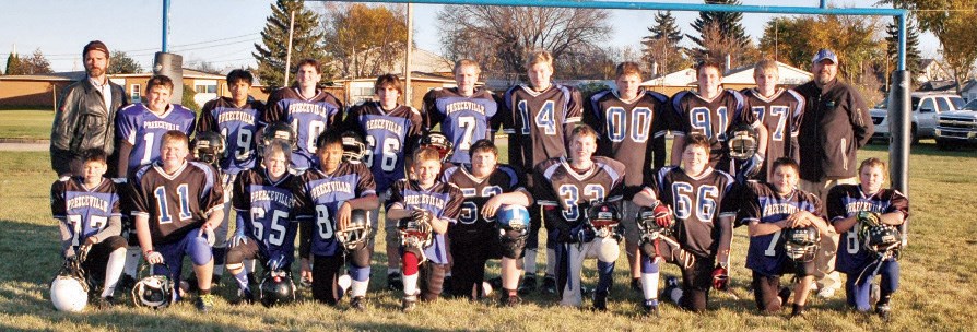 The Preeceville Panthers junior football team, from left, were: (back row) Coach Bill Dodge, Nic Bilokrayli, Sean Paligan, James Dodge, Keegan Bilanchuk, Kelton Novak, Salem Johnson, Payton Shewchuk, Braden Serron, Tristan Mayer and Patrick Livingston and (front) Brenden Babischuk, Eric Macdonald, Shelby Wallin, Christian Acosta, Micah johnson, Connor Fincaryk, Elija Hort, James Lagrove, Tristan Enge and Charlie Rioch. Unavailable for the picture was Jake Huska and Jalen Bayer.