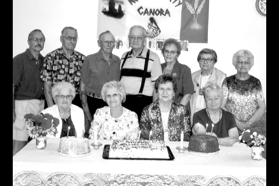From left, the July and August birthday celebrants who were honoured at the Keen Age Centre’s social on August 2 were: (back row) Charlie Rudahyk, Paul Gogal, John Fehr, Peter Wiebe, Ann Pasloski, Gladys Grodzinski and Olga Baulin; and (front) Adeline Letwinuk, Merle Tratch, Elsie Obodiak and Madeline Haning. Also recognized was Mary Fedorchuk who arrived after the group picture was taken.