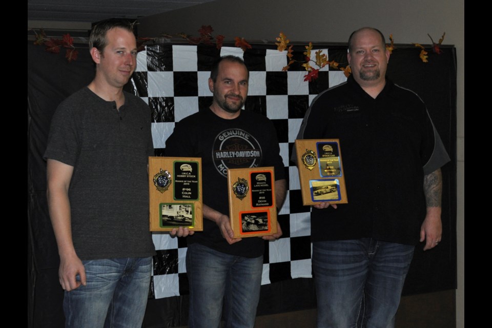 Estevan Motor Speedway 2015 Rookie of the Year winners, from left, Colin Hall (IMCA Stock Car), Devin Raynard (Wissota Late Model) and Jeffrey Ellis (IMCA Hobby Stock) show off their trophies.