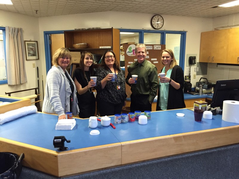 Acting as baristas and serving tea and hot chocolate during the Bookworm Café at the KCI recently, from left, were: Tracey Forsythe, Julie Gareau, Leanne McGriskin, Mark Forsythe and Cara Shabatoski.