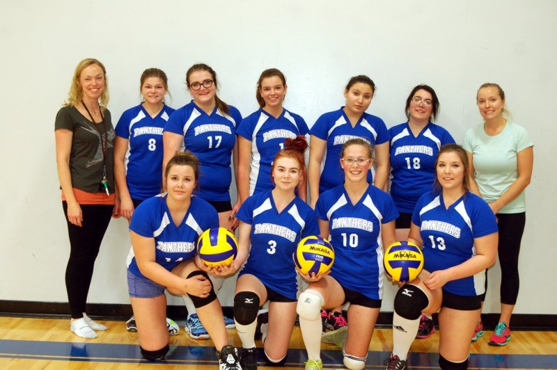 The Preeceville senior girls volleyball team concluded the season by hosting conference play on November 7. From left, members of the team were: (back row) Sarah DeRuiter (coach), Brie Gardener, Brittany Kashuba, Lexi Young, Jasmine Ferrier, Brooke Boyle and Katelynn Prokop (coach); and (front) Sky Pinder, Christina Shewchuk, Alex Christopherson and Hayley German.