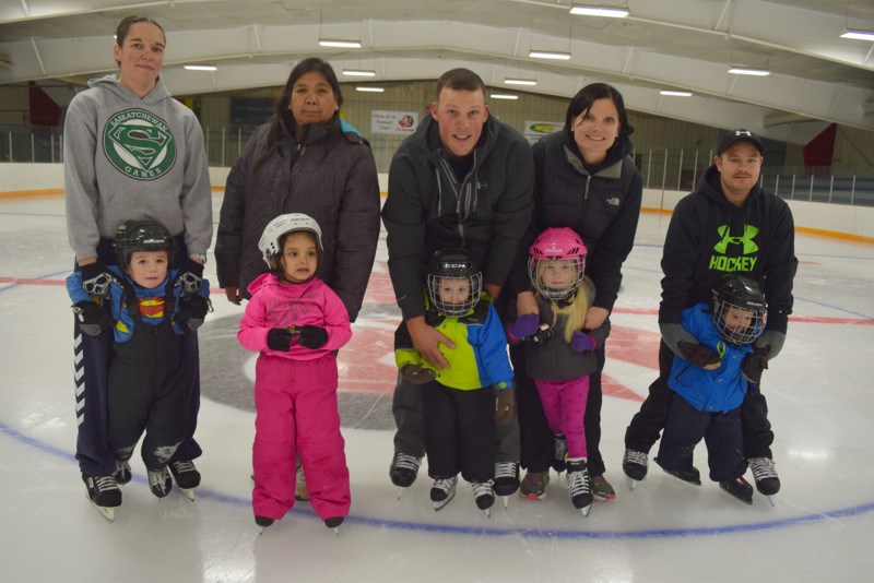 Attending the parents and tots group of Kelly Salahub’s Learn to Skate program on November 4, from left, were: Archie Sumner with his mother Louise; Arianna Nault with her grandmother Bernadette Keshane; Jacob Neima with his father Jon; Peyton Reece her mother Jackie, and Colton Lorenzo with his father Tyler.