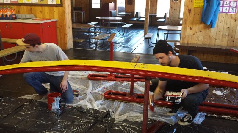Stephen Tulloch, left, and Craig Sorgenson added a fresh coat of paint to the rail slides during a work bee at the Duck Mountain Ski Area on November 8.