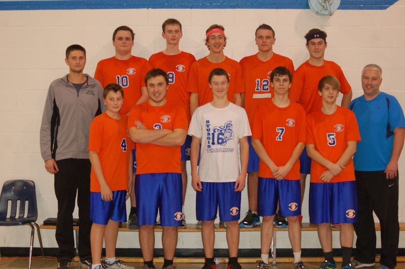 Members of the SCHS senior boys volleyball team who advanced to regionals, from left, were: (back row) Dustin Rioch ,Kyle Teron, Cole Kowalchuk , Steven Kardynal, Bo Babiuk and; (front) Cody Teron (coach) , Garrett Bazuik, Cameron Antoniuk, Jalen Bayer, Cole Bilanchuk, Jeff Jensen and Kipp Bayer (coach).