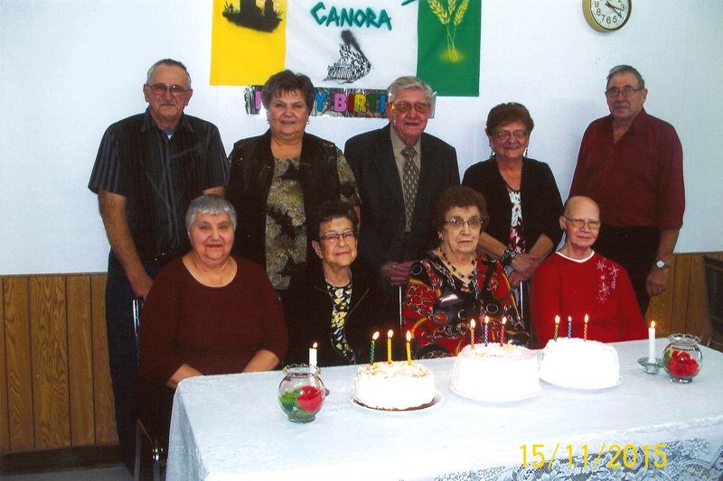 From left, birthday celebrants honoured at the Keen Age Centre social on November 15 were: (back row) Leo Rakochy, Carol Koasr, Fred Krukoff, Mary Prokopetz and Carl Okrainetz; and (front) Bernice Rakochy, Josie Matsalla, Elsie Hycha and Geraldine Wiebe.