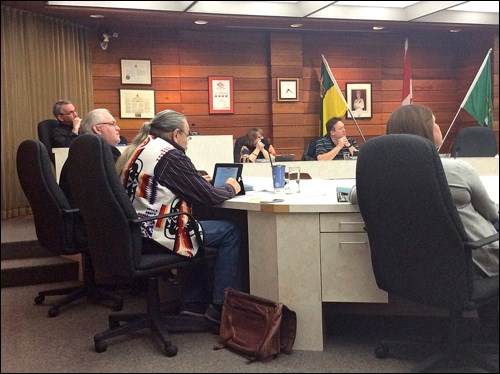 Members of council listen to presentations Wednesday, the first night of budget deliberations at City Hall in North Battleford. Speaking first was Moe McGuinty, general manager of the Dekker Centre.