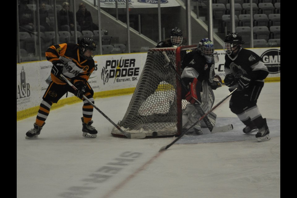 TS&M Bruins captain Mason Strutt makes a wraparound attempt against the Regina Aces at Affinity Place on Friday.