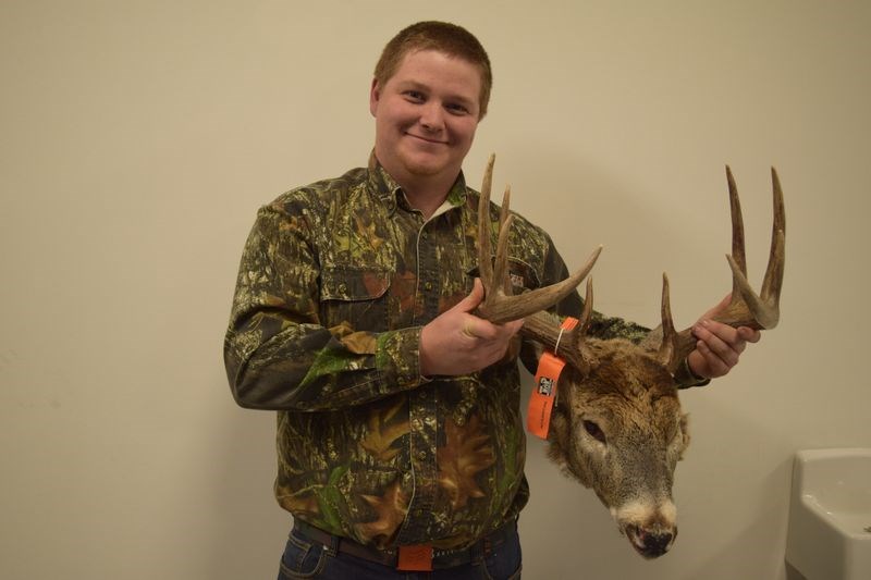 Riley Barrowman, newly-elected president of the Kamsack branch of the Saskatchewan Wildlife Federation, brought the head and antlers of this animal he shot this year to the branch’s annual antler measuring event held at the Broda Sportsplex on December 7.