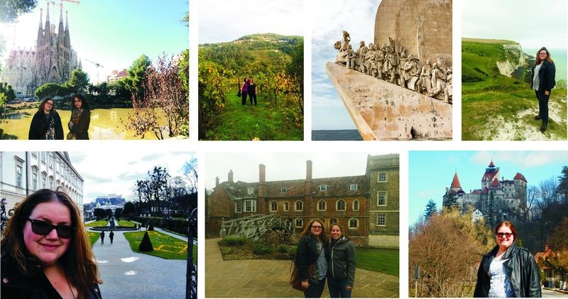 Natash Koroluk of Kamsack, who is now teaching school in London, England, had taken the opportunity of while living in England to travel to several other European countries. These photos are from some of those trips taken during 2015. From left, they are: (top row) Natasha Koroluk and her friend Hana Bajric in front of Sangrata Familia Cathedral designed by the famous architect Antoni Gaudi in Barcelona, Spain; Selena Sack and Natasha Koroluk at a winery in the Vinho Verte wine region in Portugal; Natasha Koroluk in front of the Monument to the Discoveries in Lisbon, Portugal, and Natasha Koroluk at the White Cliffs of Dover, England; (bottom row) Natasha Koroluk at Mirabell Park featured in The Sound of Music in Salzburg, Austria; Natasha Koroluk and Rosalie Heilig at the Mathematical Bridge in Cambridge University, England, and Natasha Koroluk at Castle Bran, believed to be the castle of Dracula in Transylvania, Romania.
