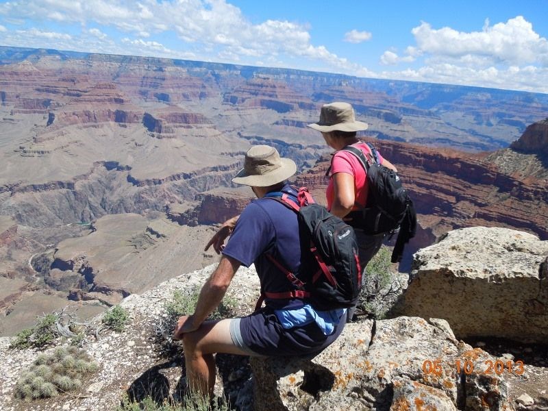 Warren and Brenda Andrews stop to enjoy another spectacular view of the Grand Canyon while on a day hike along the Rim Trail.