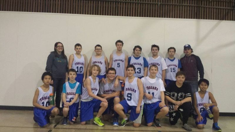 Members of the SCHS junior boys basketball team, from left, were: (back row) Megan Clancy (coach), Garrett Bazuik, Austin Bartch, Jalen Bayer, Curtis Gerbrandt, Ethan Innes, Jordan Innes and Russell Young (assistant coach); and (front) Keannu Albaarracin, Camron Secundiak, Zane Bayer, Shae Peterwson, Seth Rayner, Knute Vallevand, Salem Budd and Leoj Viran.