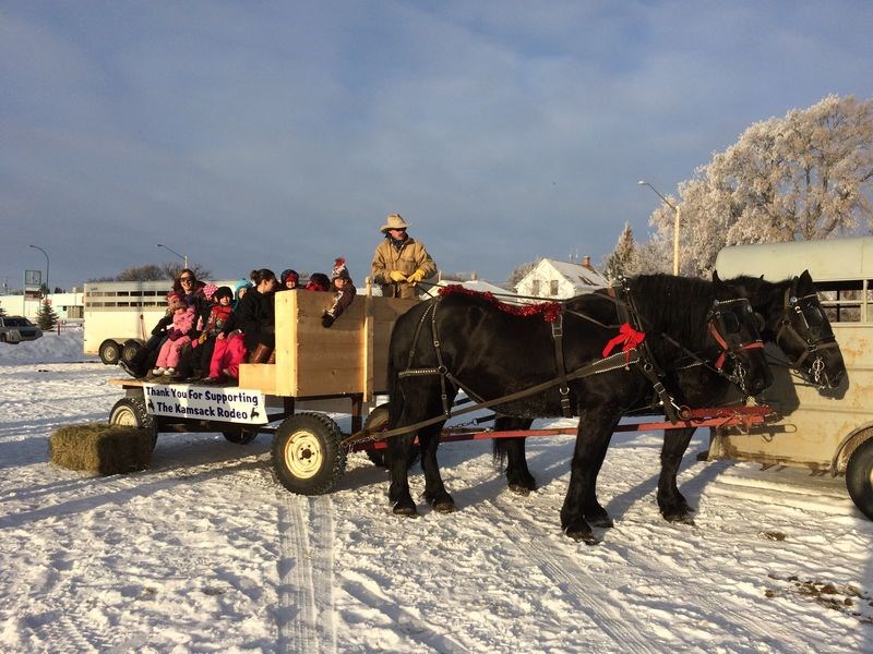 More than 60 people showed up for horse-drawn wagon rides in Kamsack on Sunday, some coming from Yorkton especially for the experience. The rides, sponsored by the Kamsack Indoor Rodeo Association, included two teams: this team which is owned and was driven by Paul Hrabarchuk of Swan River, and another which was owned and driven by Kevin Boese of Kamsack.