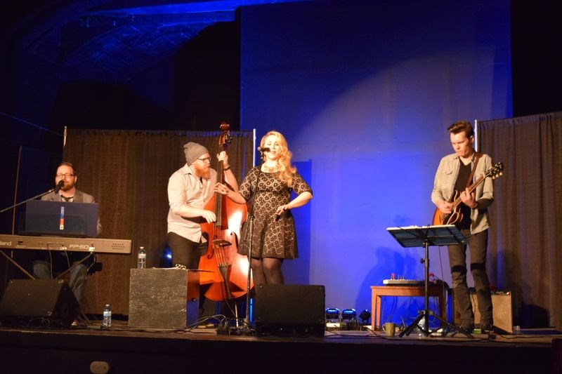 Performing on stage at the Kamsack Playhouse on Saturday, from left, were: Jesse Peters at the keyboard, Travis Switzer on bass, Lindsey Nagy, vocals, and Chris Ul;rich on guitar.