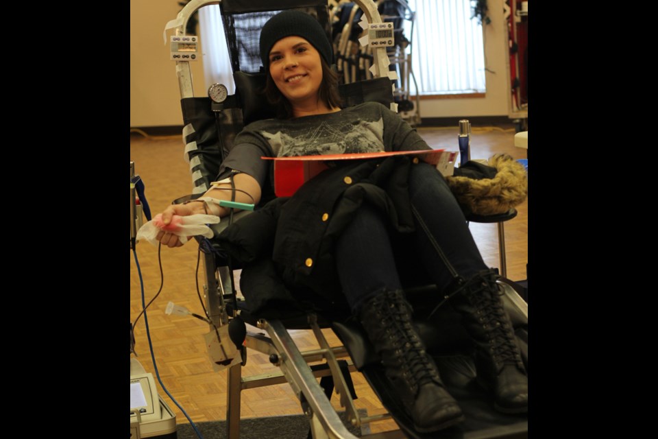 Laura Gogol gives blood at the most recent Canadian Blood Services clinic. Gogol says that she gives blood because she can. Next opportunity to do the same is on February 1 at St. Gerard’s Parish.