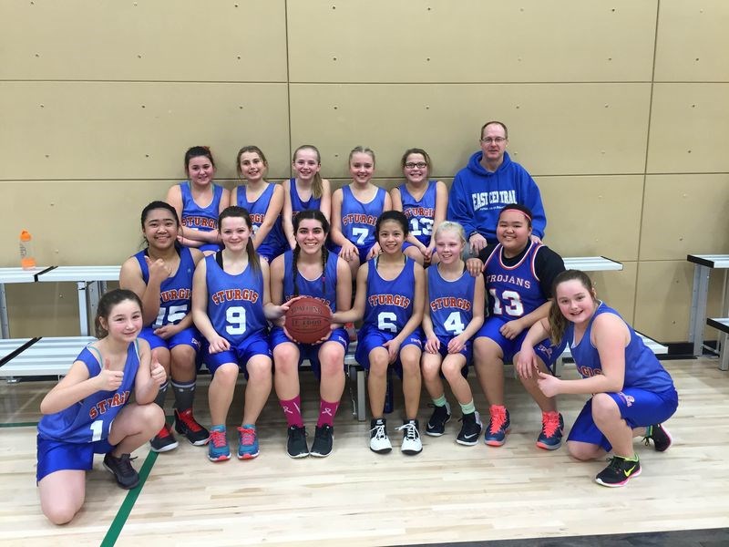 The Sturgis junior girls basketball team won first place in the Hudson Bay tournament on January 8 and 9. From left, were: (back row) Sierra Karcha, Allison Peterson, Tiara Yaglensky, Paige Hansen, Alyssa Mirva and Brad Cameron (coach); and (front) Alexis Vidomski, Kyla Tomas Mackayla Gregory, Sierra Meroniuk, Audrey Vargas, Shanae Olson, Eloise Vicente and Kylie Babiuk.
