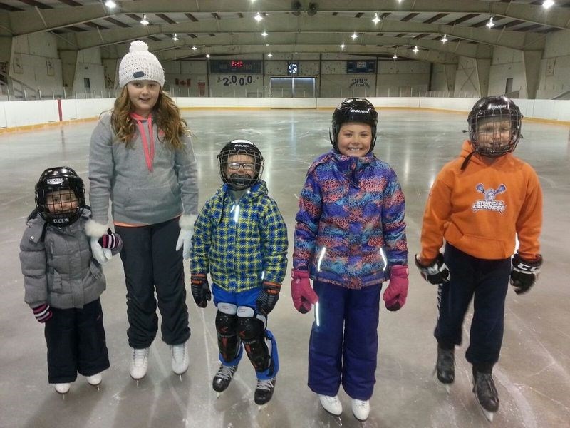 Eager skaters got to try the new ice for the first skate at the Sturgis Skating area on December 22. From left, were: Alllie Babiuk, Kylie Babiuk, Darian Serdachny, Jainylle Gagnon and Mason Babiuk.