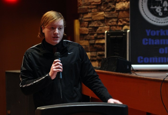 YRHS students took part in the Junior Achievement program as part of their Entrepreneurship 30 class. Daniel Sparrowhawk, president of Perennial Times, talks about his experience in the program to the Yorkton Chamber of Commerce Business Breakfast. The three businesses, Perennial Times, Rustic Elegance and Custom Cottons, sold organic beauty products, barn board home decor and custom T-shirts respectively.