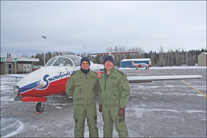 Snowbird pilots Cpt. Regan Wickett (left) and Cpt. Blake McNaughton flew to the Flin Flon Municipal Airport earlier this month to scout out the location ahead of this summer’s Rotary Air Show.