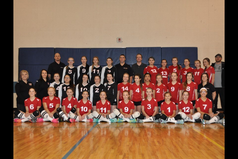 The Estevan Extreme volleyball U13, U14 and U15 clubs gather together at the Extreme's inaugural home tourney at Spruce Ridge Elementary School on Saturday.