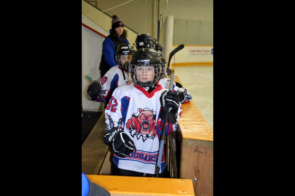 The Carlyle Cougars' Novice team hosted a weekend-long tournament at the Carlyle Sports Arena, February 6 and 7. The event's competitors included the Novice Cougars, as well as visiting teams from Estevan, Whitewood, and Weyburn. Here, a young Cougar leads the home team off the bench.
