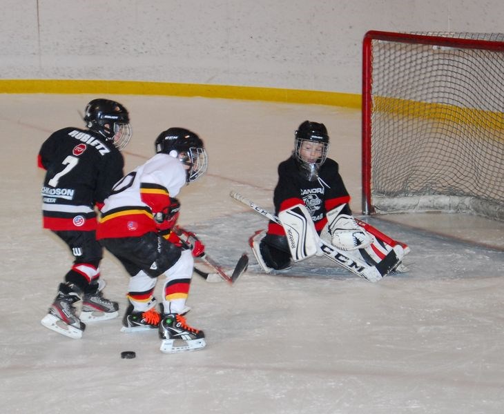 As Kade Rubletz kept the pressure on the Kamsack player and the puck handler lost the puck before getting to take a shot on goal, which was manned by Colton Bletsky.