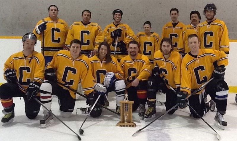 From left, members of the team the Mighty Drunks, which won the Flames tournament, were: (back row) Dustin Brass, Ted Bradley, Ryan Coleman, Kylee Toffan, Chad Zavislak, Blair Brass and Ryan Kitchen; and (front) Terry Wilson, Brandon Gress, Jade Dennis, Tyler Ostoforoff, Justin Hladun and Skyler Hladun. Unavailable for the photo was Joe Potrois.