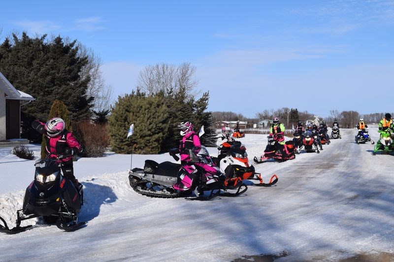After having spent the night in Preeceville, and visiting Norquay in the morning, the Prairie Women on Snowmobiles arrived in Canora for a luncheon at the Activity Centre where donations were presented to the group and members of the group presented pins to cancer survivors.