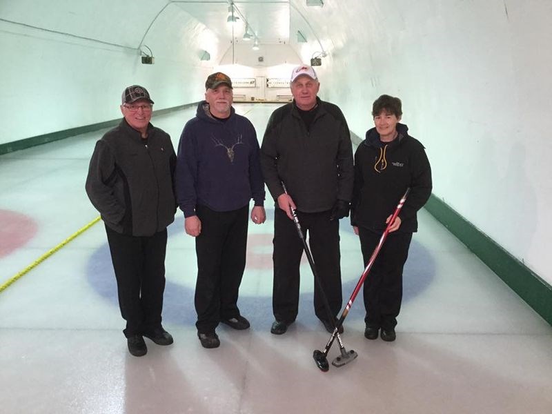 The Brad Knutson rink of Norquay won the Arran bonspiel which concluded at the beginning of the month. On the team, from left, were: Bob Lumley, Brad Knutson, Wilf Romanow and Vi Knutson.