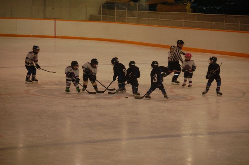 Preeceville’s youngest hockey players hosted a six-team tournament on January 16. From left, were: Trae Peterson, Keltyn Konkel, Hudson Maier, Dexter Penner and Seth Reynolds.