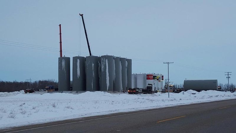 Sixteen new fuel tanks that have the capacity to hold 235,000 litres each were erected at the Federated Co-op bulk fuel plant during the week of January 18. The tanks were brought in the prior weekend on flat decks from Tisdale. Photo courtesy of Jeff Strand, maintenance person for the plant.