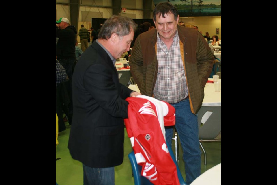 Dennis Polonich, left, had a long National Hockey League career and he shared many memories from that time with those attending the annual Yorkton Terriers Sportsmen’s Dinner Saturday.