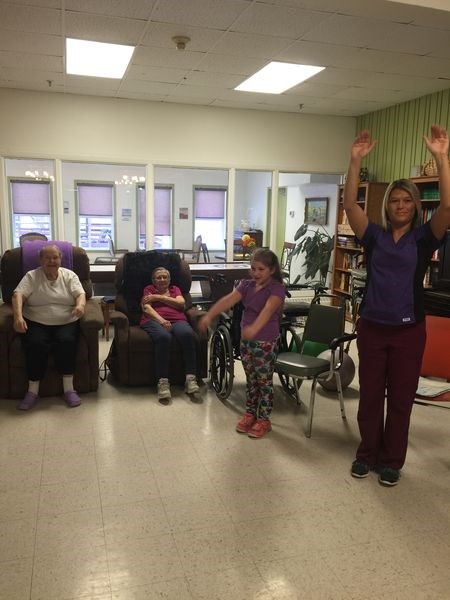 During her February break from school, Meesha Romaniuk was able to spend the day visiting with residents at Eaglestone Lodge and participated in various activities including a round of exercises. From left, are: Florence Perepelkin, Nadija Zbeetnoff, Meesha Romaniuk and Amanda Yaremko, the lodge’s activity worker.