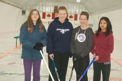 The Preeceville Harvard air cadet squadron 606 curling team was three points shy of moving on to provincials during the zone curling bonspiel in Preeceville on February 21. From left, were: Rhianna Westerman, Jordan Lowe, Morgan Mclean and Audrey Vargas.