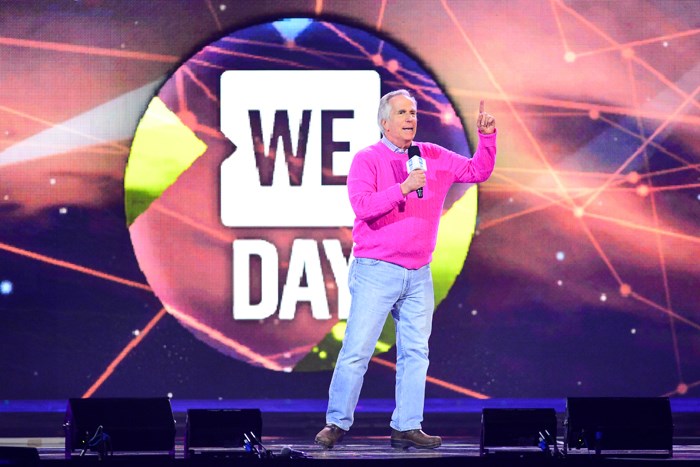 Henry Winkler, best known as “The Fonz” from the 1970s sitcom Happy Days, speaks at the We Day Saskatchewan event at the Sasktel Centre in Saskatoon March 2.