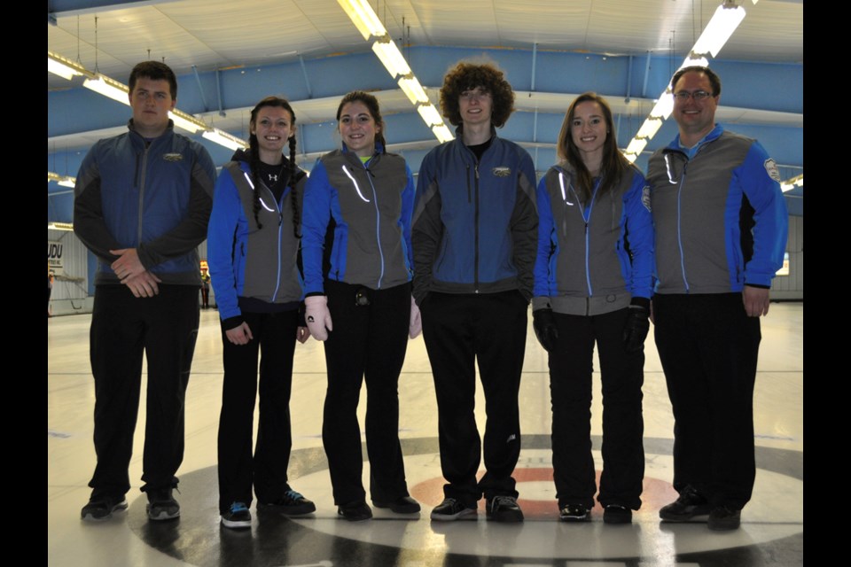 Team Ryan, with from left, fifth Daylan Swanson, lead Laurel Oberkirsch, second Jordan Walter, third Jaedon Miller, skip Rachel Ryan and coach Wade St. Onge, earned the first southeast berth at next weekend's CurlSask Juvenile Open Provincial Tournament.