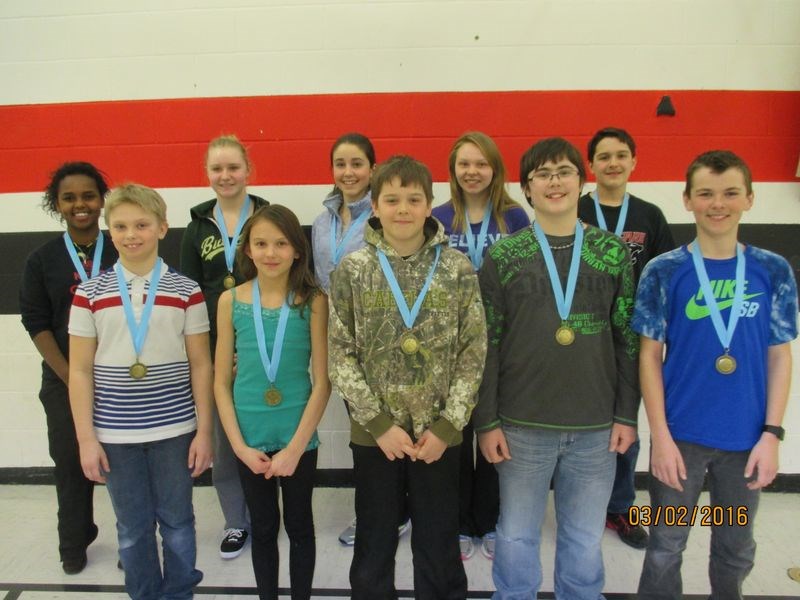 From left, winners at the Knights of Columbus basketball free-throw competition at the Canora Composite School on March 2 were: (back row) Almaz Senechal, Ashley Stusek, Drea Beblow, Melissa Makowsky and Alden Baron; and (front) Joey Palagian, Hannah Keinick-Wallis, Lane Zuravloff, Decan Cybak and Chase Yagelnesky.