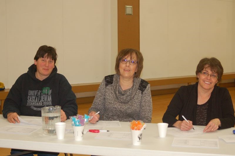 Judges who had the difficult task of judging speakers during the Assiniboine Beef and Multi 4-H club public speaking competition in Preeceville on February 14 were: (from left) Sue Arneson, Kim Grant and Merle Townsend.