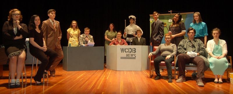 The KCI senior drama club staged A Nose for the News, which is a comedy by Charlie Lovett based on the story of Cyrano de Bergerac, at the Saskatchewan Drama Association’s Region 4 senior drama competition at Sacred Heart High School in Yorkton on March 11. Members of the cast, from left, were: Elizabeth Hilderman as Valerie; Samantha Klapatiuk as Patricia; Devin Klapatiuk as Mr. Gauche; Breanna Bland, Claire; Henry Thomas, Spice; Koryssa Woloshyn, Delores; Mikayla Woloshyn, Roxanne; Alanna Finnie, Cyrano; Kyle Morgan, Chris; Jayden Raabel, Flip; Lemay Keshane, Martha, and Julianna Raabel, Brett, and (seated) Alyia Montana, Ray; Brayden Fatteicher, Droopy the Clown, and Allison Placatka, Lisa. The drama club will be re-staging the comedy at the KCI as a dinner theatre on April 5, and a final performance will be staged on April 7.