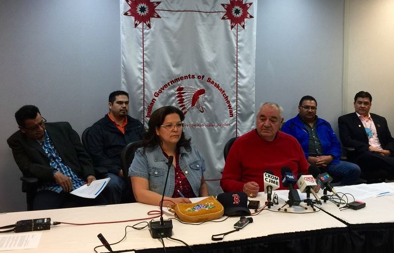 Kimberly Jonathan, an FSIN vice-chief and Ted Quewezance of Keeseekoose First Nation, an FSIN Senator, spoke to various media in Saskatoon on March 14. --Photo courtesy of FSIN Communications