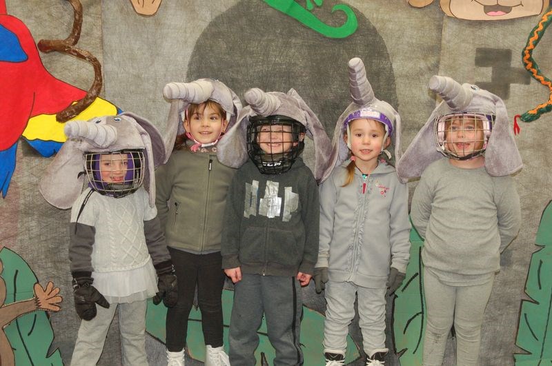 The Preeceville Figure Skating Club welcomed baby elephants to the ice during the annual ice carnival on March 18. From left were: Skylee Petras, Briley Friday, Braxton Danielson, Hailey Spray and Madisyn Pole.