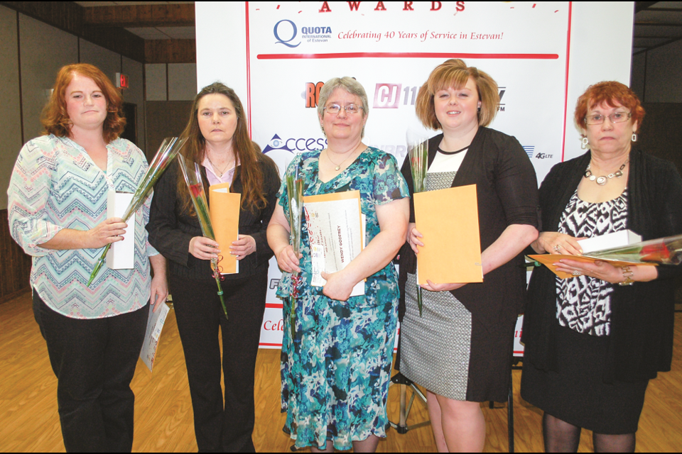 The nominees for the SaskTel Award for outstanding contributions to the community saw five finalists introduced to the public on March 22 at a Quota Club and Estevan Oilwives Club luncheon. From the left: Sara Pippus, Colleen Jensen, Wendy Godfrey, Kathryn Gilliss and Bonnie Gibson.