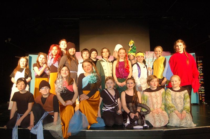 In the cast of The Little Mermaid, which is the production that was staged by the Kamsack Comprehensive Institute junior drama club on March 18 in Togo and March 21 and 24 at the Kamsack Playhouse, from left, are: (back row) Seraphim Strauss, Leah Schwartz, Petrie Whitehawk, Jenaci Pelly, Tynika Strongeagle, Paul Spence-Gaines, Brady Hilton, Dylan Weis, Charlie Spence-Gaines, Kate Erhardt, Curtis Berezowski, Eric Moriarty, Jordan Thomas and Makayla Romaniuk, and (front) Josh Hilton, Zachary Burback, Elizabeth Spence-Gaines, Gerri Basaraba, Olivia Bos, Ilyana Carpenter-Bloudoff, Megan Raffard and Tara Taylor.
