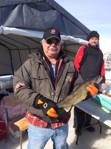 Dave Hearn of Preeceville won $1,000, the first prize for walleye at the Buchanan SWF ice fishing derby on March 13. As the main prize, it was sponsored by Darren Lindgren of Carbon Outdoors.