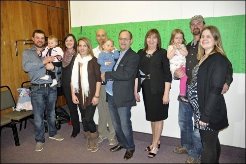 Herb Cox is joined by his wife Linda and members of his family at his campaign office in North Battleford, as the Saskatchewan Party celebrated another election win both in the Battlefords and around the province. Photos by John Cairns