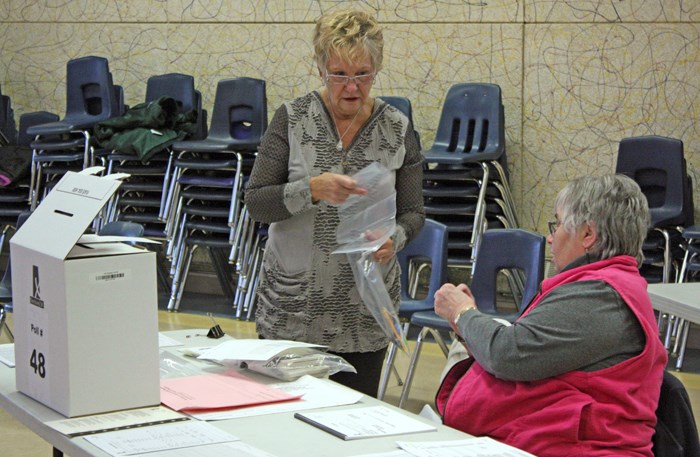 Ready, set... Poll workers get ready for voting at Yorkton Central School prior to Monday’s general election.