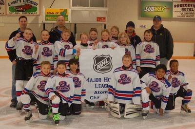 The Preeceville Atom Pats won the A-banner of the Major Hockey League in Preeceville on March 22. From left, were: (back row) Derek Ryczak of Sturgis, (assistant coach), Dwight Sorge of Preeceville (assistant coach), Jason Anaka of Sturgis (trainer) and Wes Jaeb of Sturgis (coach), (middle row) Brady Kashuba of Preeceville, Kaiden Masley of Sturgis, Isaiah Maier of Preeceville, Mason Babiuk of Sturgis, Tate Bayer of Sturgis, Chaz Jaeb of Sturgis, Zachary Sorgen of Preeceville, Nathan Anaka of Sturgis and Hudsyn Nelson of Preeceville and (front) Zander Purdy, Nathan Newbery, Kimmuel Albarracin, all of Preeceville, Skylar Ryczak of Sturgis, Aron Cudal of Invermay and Isaac Kashuba of Preeceville