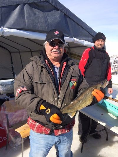 Dave Hearn of Preeceville won $1,000, the first prize for walleye at the Buchanan SWF ice fishing derby on March 13. As the main prize, it was sponsored by Darren Lindgren of Carbon Outdoors.